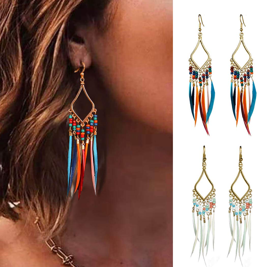 Gold Bohemian Earrings Set with Feather Tassel for Women