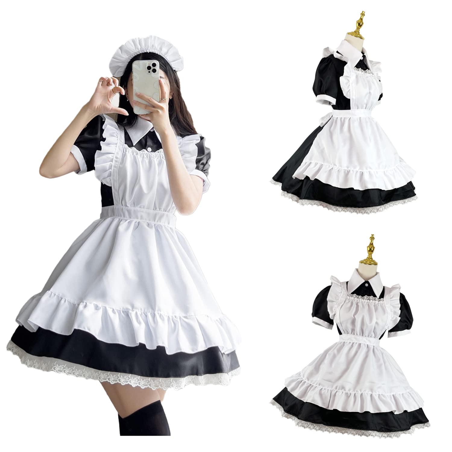 Amazon.co.jp: [JUNDOMECY] メイド服 半袖 黒 白 セット 大きい S