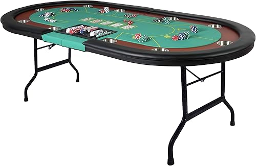 Upgrade - Mesa plegable de póquer para 10 jugadores, mesa ovalada de 84 pulgadas con portavasos de acero inoxidable y rieles acolchados, superficie