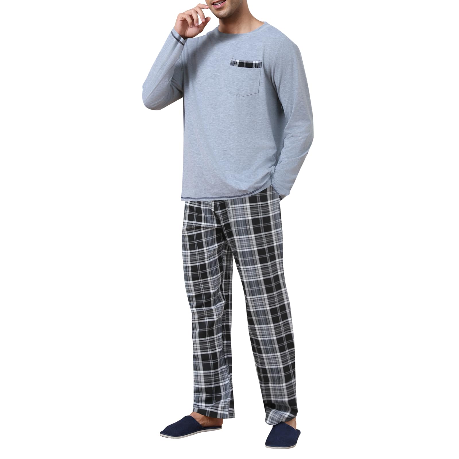 Aulemen Men's Pajama Sets Lounge 2 Piece Set Plaid Cotton Flannel Loungewear Sleepwear for Men with Pockets
