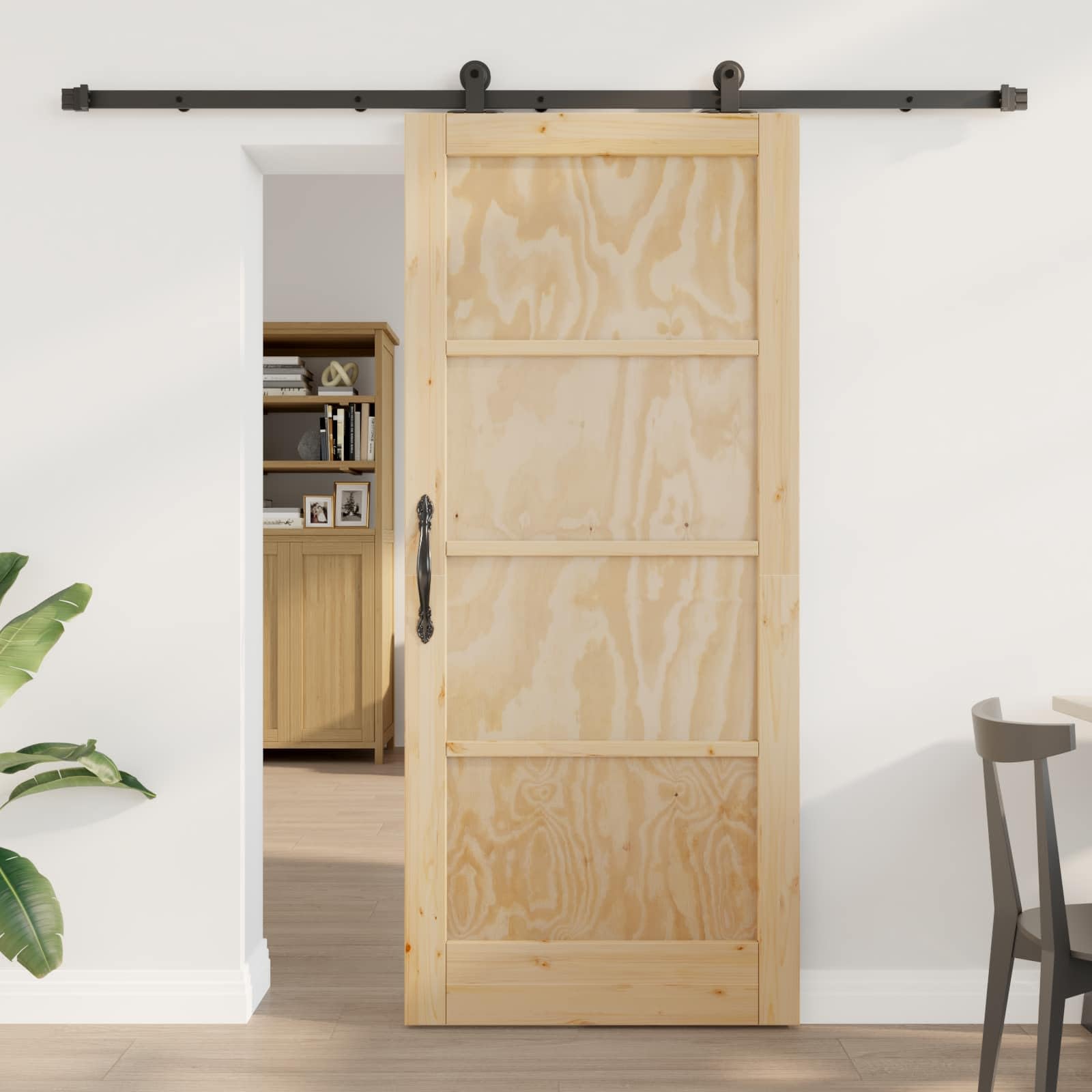 Drzwi przesuwne ORKDAL naturalne 86 x 198,5 cm lite drewno sosnowe z malowaną proszkowo stalową szyną i cichym systemem ślizgowym do pomieszczeń oszczędzających miejsce i łatwy montaż