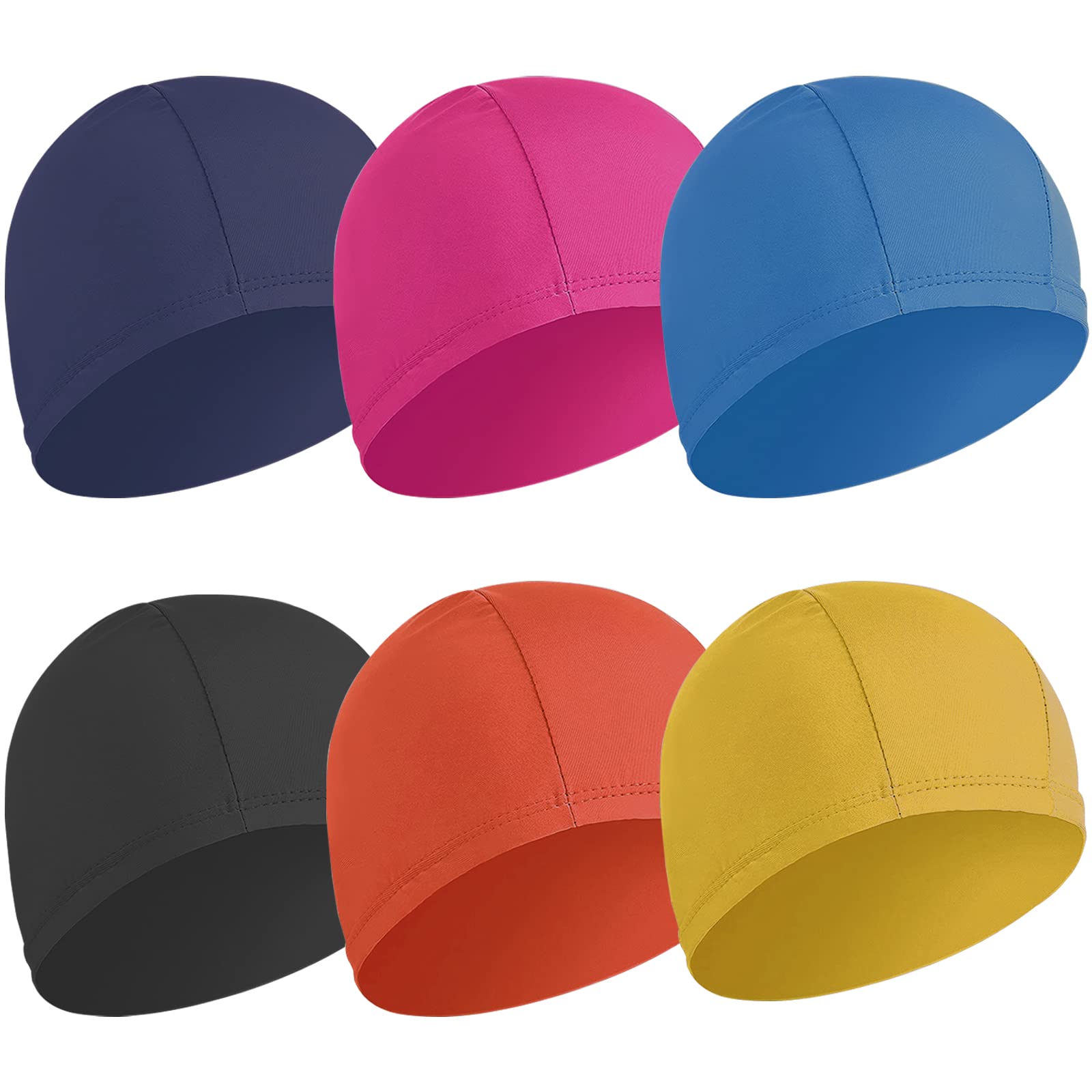 6 pcs Elastic Swim Caps for Both Women & Men & Kids Fabric Durable Non-Waterproof Cloth Swimming Pool Cap Elastic Bathing Cap (Rose Red & Dark Blue&Blue&Black&Yellow&Orange)