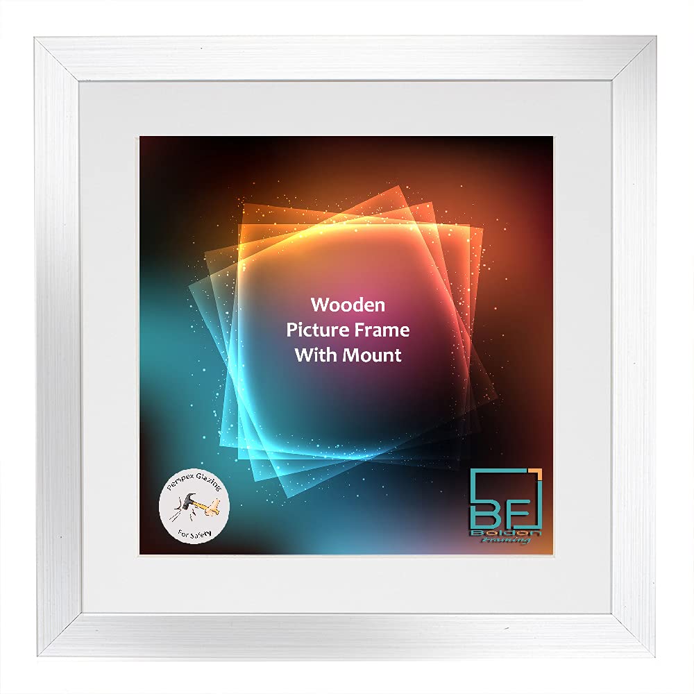 Boldon Framing - Silver, Square Thin Photo Frame in Solid Wood with White Wall Mount, 40x40cm- Pic Size 30x30cm Picture Display