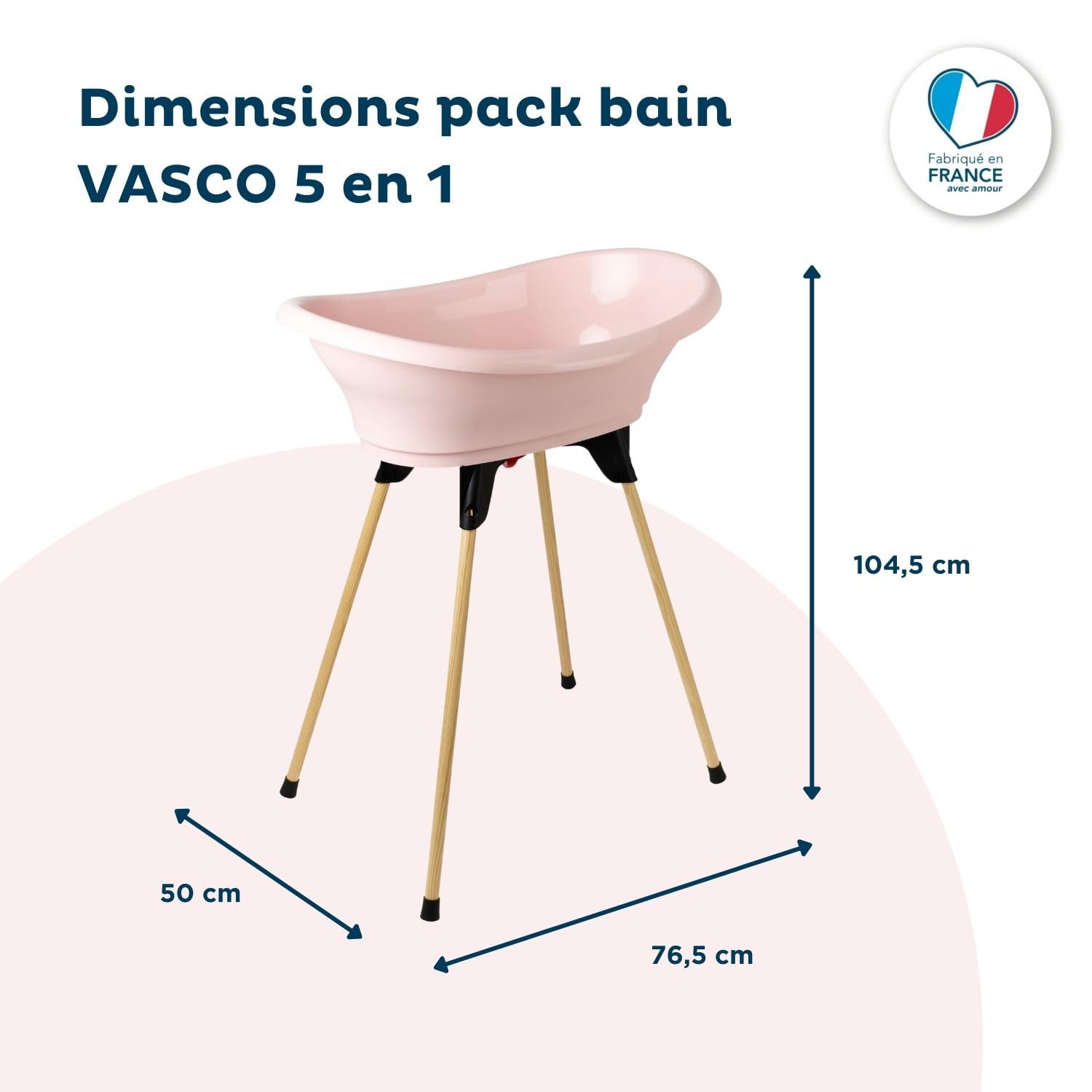 THERMOBABY - Pack baignoire bébé VASCO 5 en 1 - Baignoire, pied en bois, tuyau de vidange, transat de bain, thermomètre - Rose Poudré - Pliable & stable - Fabriqué en France