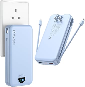 شاحن محمول FFNPUA مع قابس حائط، بنك طاقة USB C بسعة 20000 مللي أمبير في الساعة، شحن سريع، حزمة بطارية خارجية مع كابلات مدمجة، شاشة رقمية، 5 مخرجات 2 مدخل لجهاز iPhone Android Cell Phone Tablet