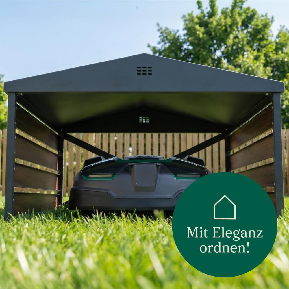 CASABEL Mähroboter-Garage aus verzinktem Stahl, Satteldach | Wetterschutz, robuster verzinkter Stahl, Satteldach, universeller Unterstand, Holzoptik, einfache Montage
