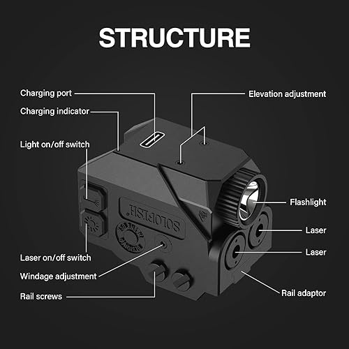 Miniatura 4 de SOLOFISH Luz de pistola de 500 lm y combo de haz moradoinfrarrojo (IR)verde azul, luz de arma de aluminio recargable y haces para armas con riel