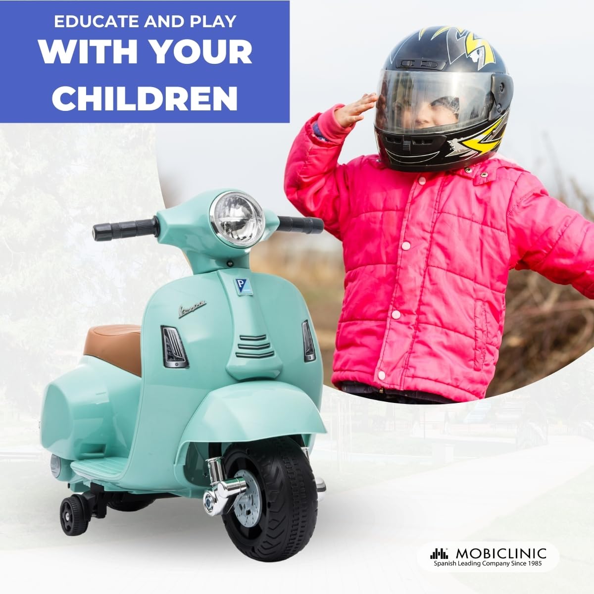 Mobiclinic® Kids, Moto eléctrica niños, Licencia Oficial Vespa Piaggio, Motor 30w, Roma, Luz led, Antivuelco, Velocidad 2, 5 km/h, Botón Musical, 18-36 Meses, Batería 6v, Acelerador, Carga 25 kg