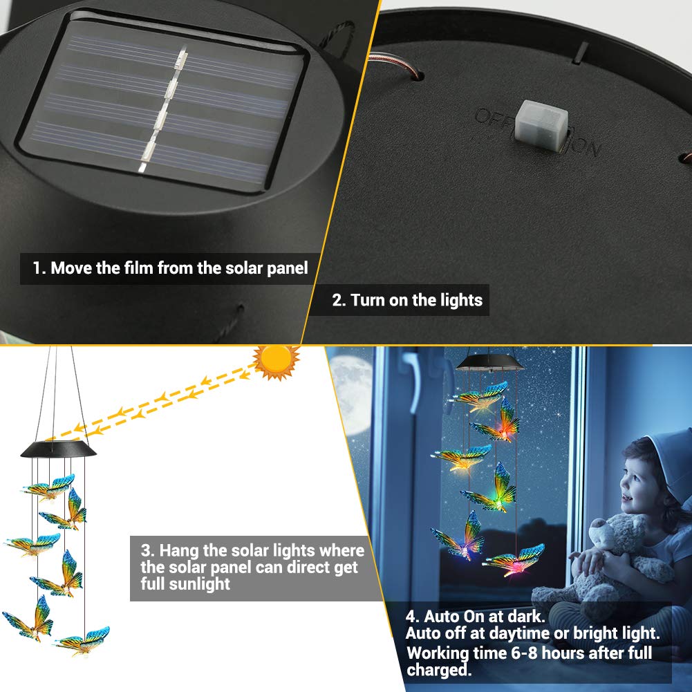 Qedertek Dekoracja wielkanocna, dzwonki wietrzne, motyl LED, słoneczna lampa ogrodowa, wisząca lampa do ogrodu, na drzewo, taras, podwórze, trawnik, podwórko, ścieżki