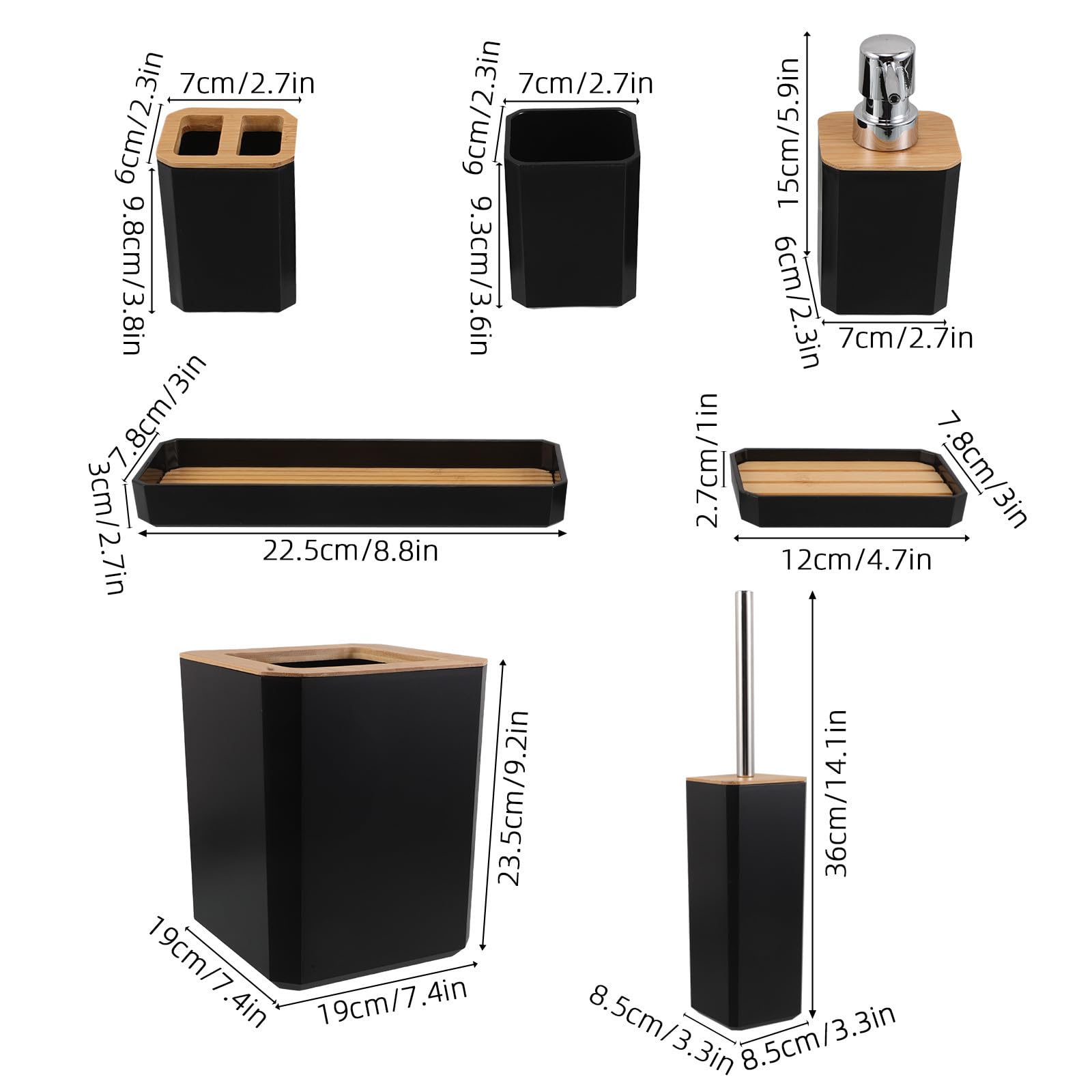 Juego de Baño Accesorios Completo de Bambú Negro Dispensador de Jabón y Soporte para Cepillo de Dientes para Uso en Hotel y Hogar