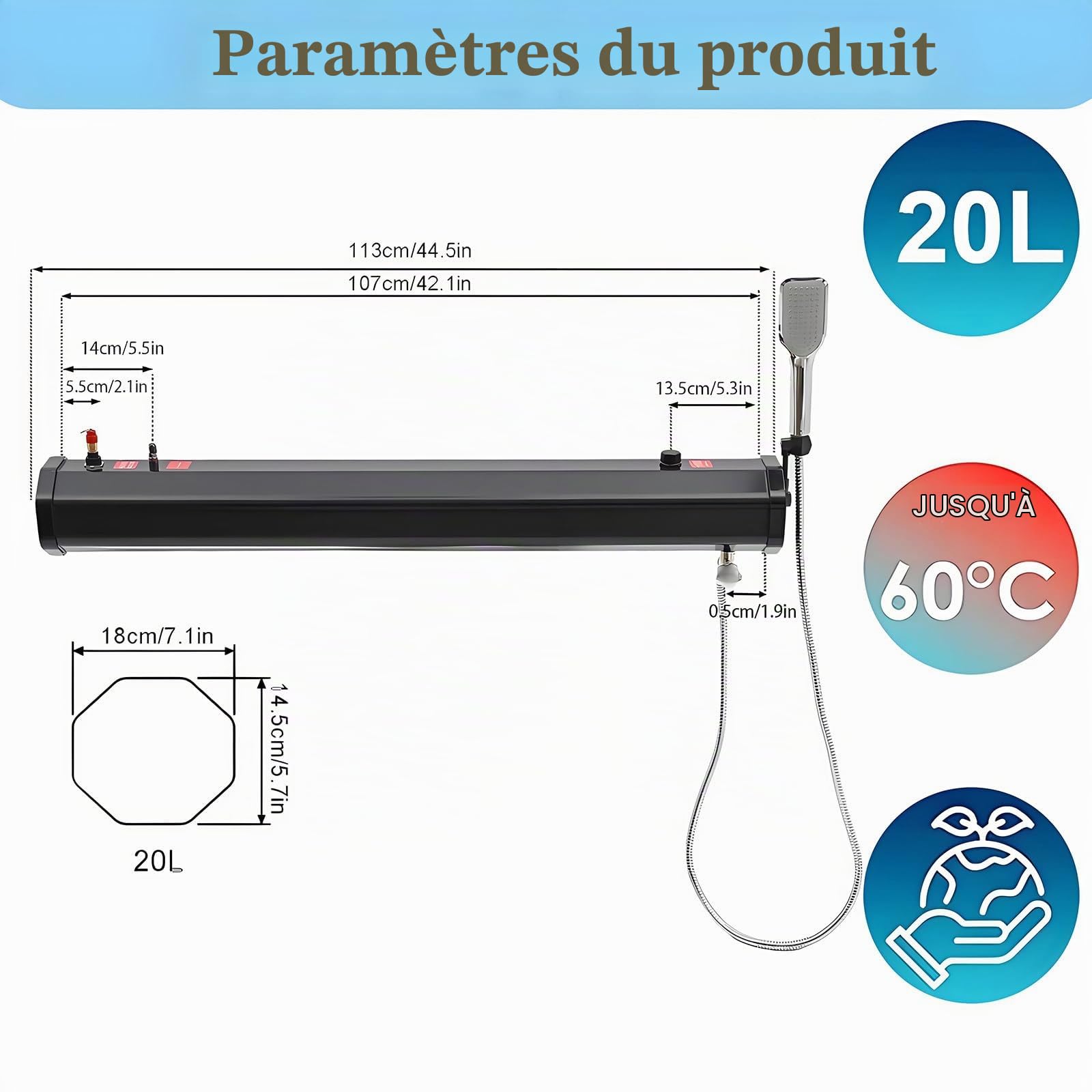Pressurisé Portable de Douche Camping 18L/20L30L, Réservoir d'eau Pressurisé Chauffé par Le Soleil,Montage sur Galerie De Toit,pour Lavage Auto, Randonnée & Expéditions Hors-Piste 20L