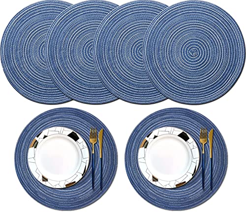 Juego de 6 manteles Individuales Redondos, 38 cm Manteles Tejidos Resistentes al Calor, Manteles Individuales Lavables Antideslizantes, para Mesa de Comedor, Bar, Sala de Estar, Blue