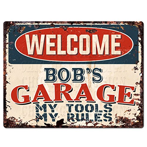 Welcome BOB’S Garage My Tools My Rules Tin Chic Sign Vintage Retro Rustic 9"x 12" Metal Plate Store Home Man Cave Decor Funny Gift