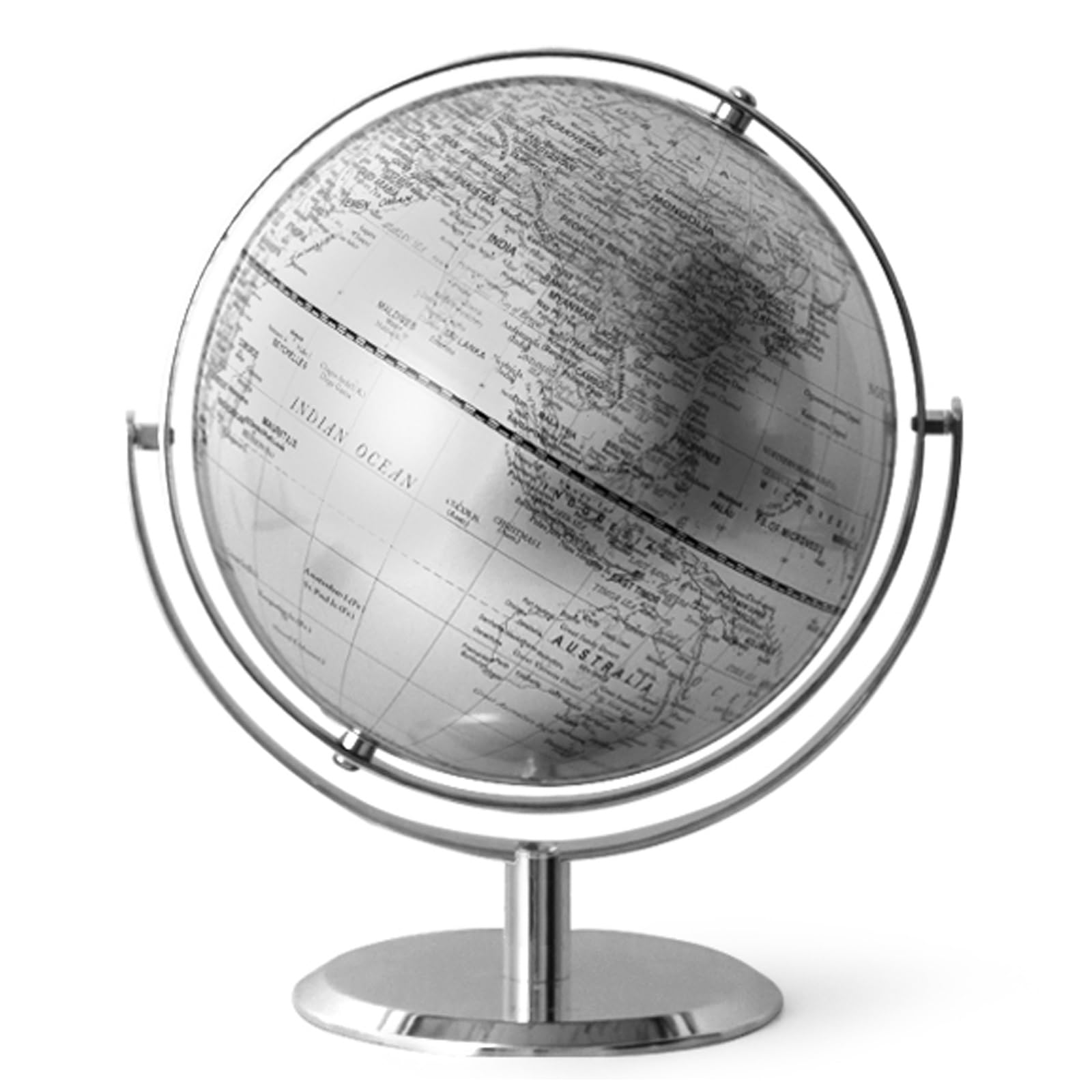 Contemporary Metal Looking World Globe with Double Guide Rail Silver Metal Stand and Base 720° Rotating Black & White Globe for Geographic Modern Home Office, 12inch x 10inch