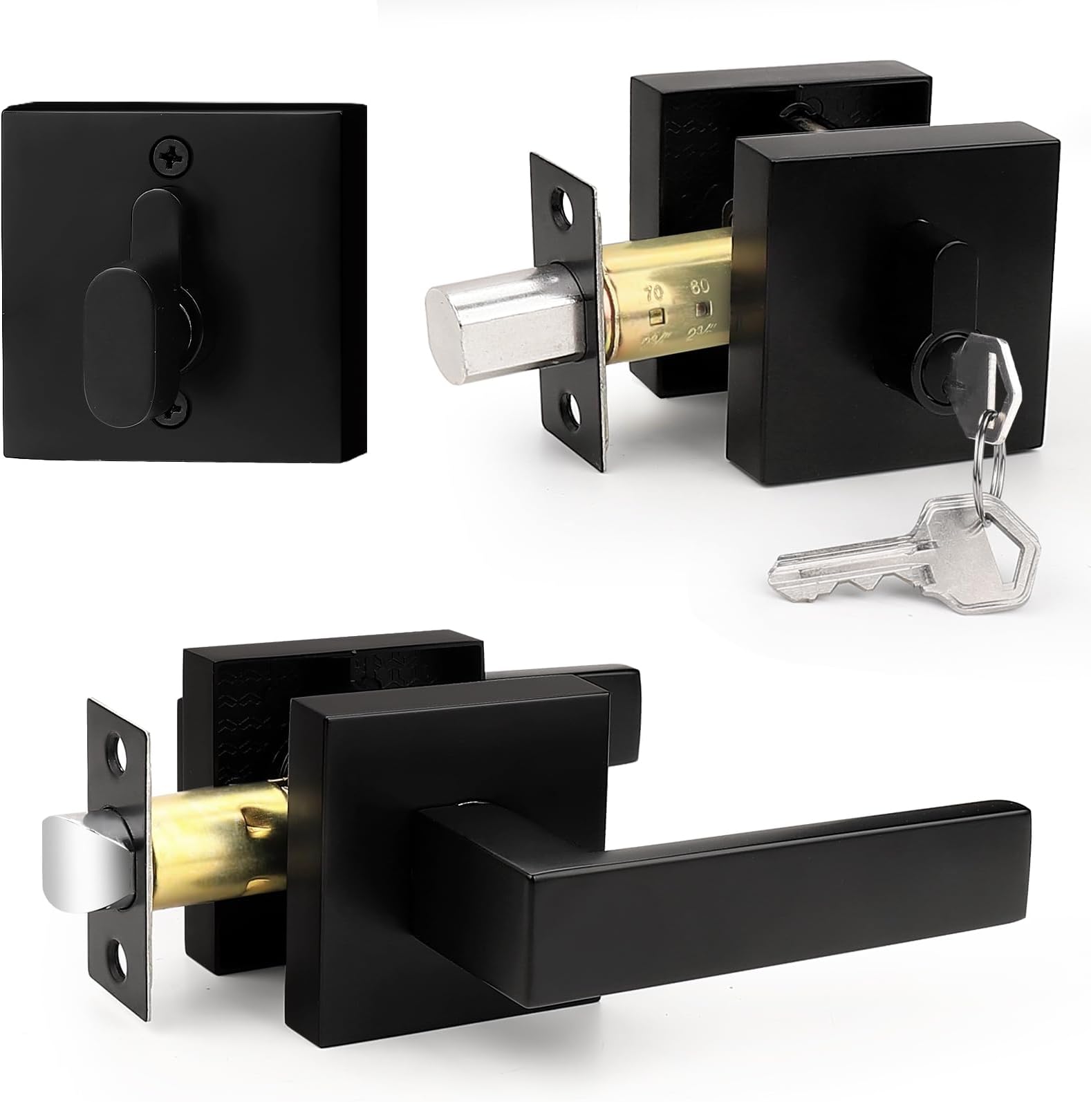 Probrico Flat Black Passage Door Lever with Single Cylinder Deadbolts Combo Pack, Modern Square Lock Set Handleset,Exterior Handle and Set,Exterior