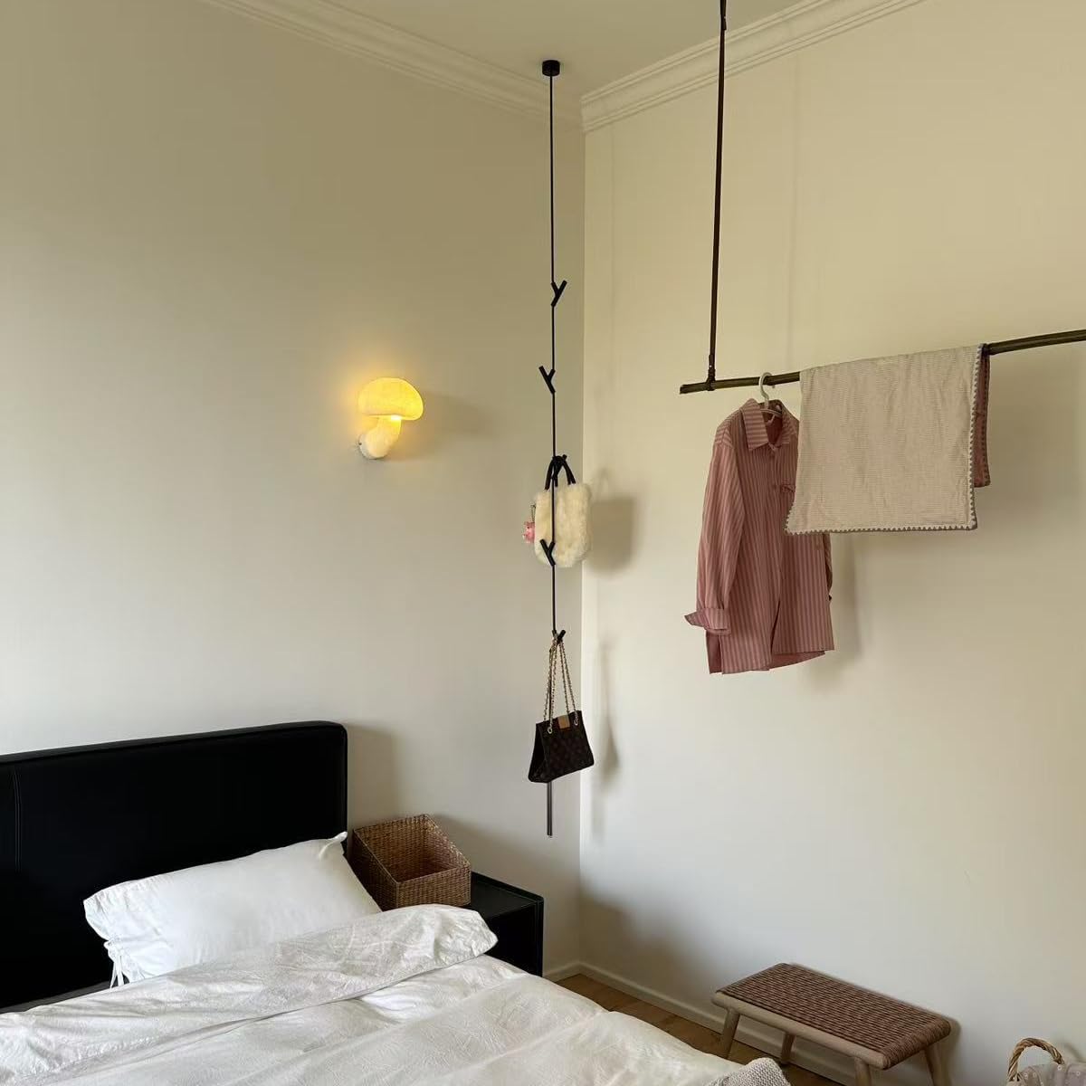 Minimalist Hanging Coat Rack, Designer-style Clothes Rack with 5 Hooks, 98-Inch Hall Coat Tree for Clothes, Hats, Handbags, Easy Assembly for Entryway, Bedroom, Clothing store, Office(New Black)