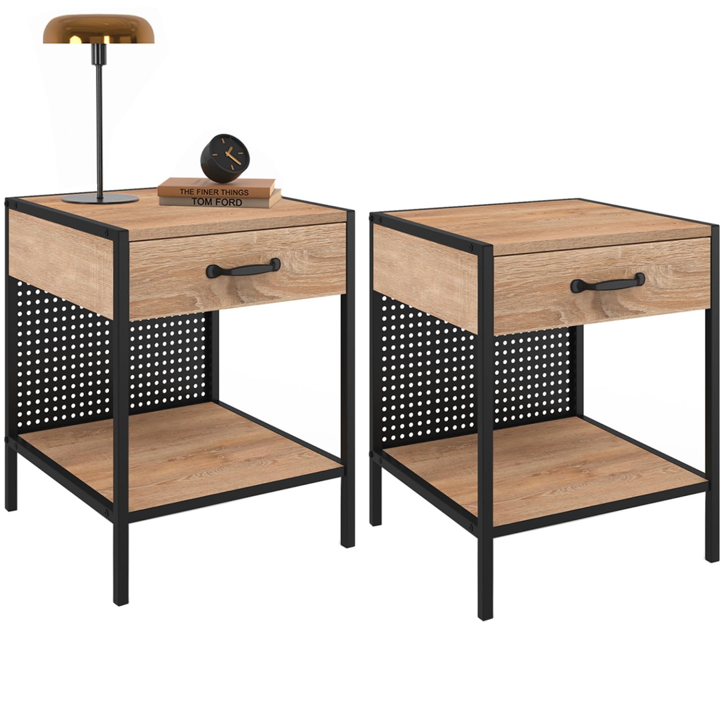 IDMarket - Lot de 2 Tables de Chevet Preston Bois et Acier perforé Noir