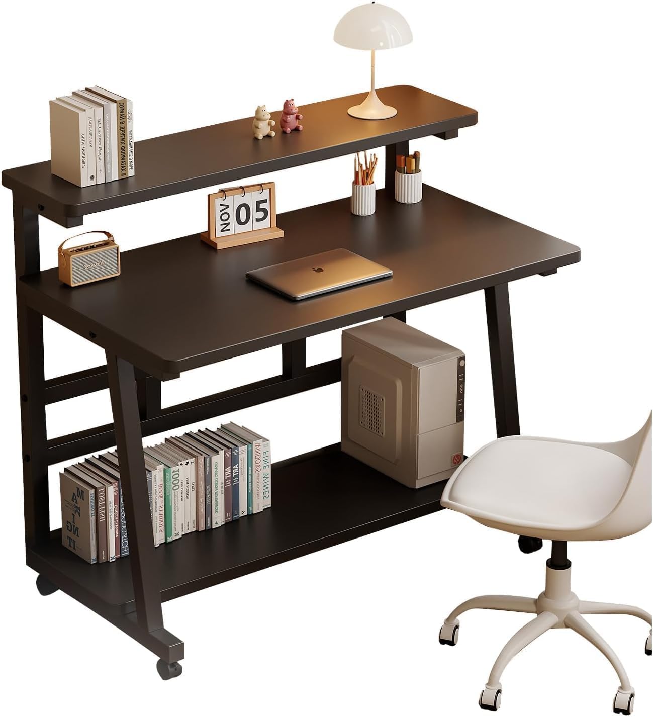 HDOFM 39.4 Inch Home Office Desk for Small Space,Rolling Computer Desk with Wheels,Student Study Table for Bedroom.