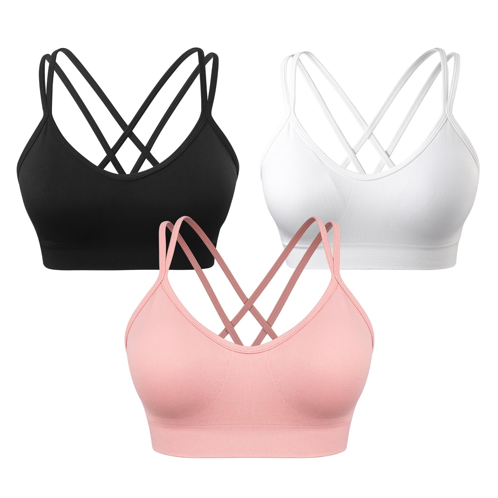 VEQKING Women's Cross Back Sports Bra Padded Strappy Medium Support Yoga Bra for Workout Fitness 3 Pack