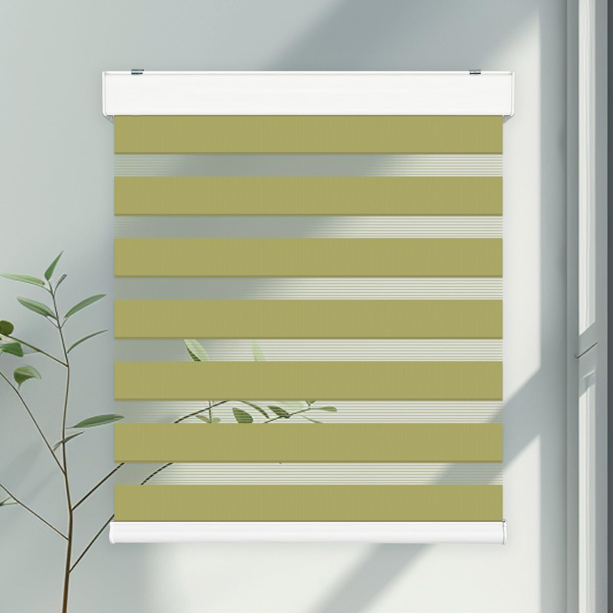 FOIRESOFT Custom Cordless Light Filtering Zebra Blinds [Morning, Green, W 20-90 x H 10-78 inch] Windows Sheer Shades for Day and Night Light Control, Gentle Moving Dual Layer