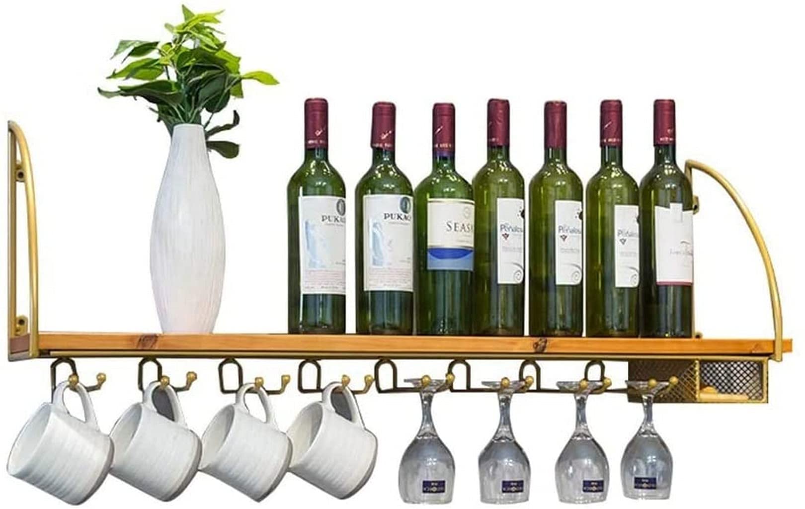 Casier à vin mural en métal doré et bois de 100 cm avec support de rangement pour verres à pied
