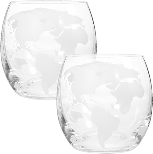 Angoily 2 vasos de whisky de globo vasos de bebida rocas de ron vidrio transparente copas de cóctel mapa mundial copas de vino grabadas con mapa de
