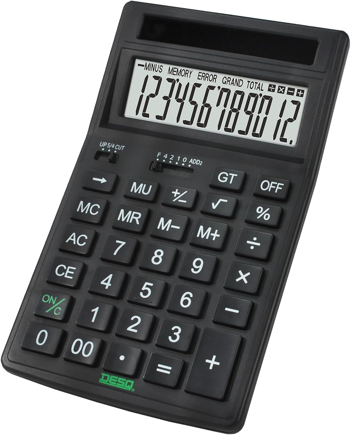 DESQ® Sustainable Desktop Calculator, 12 Digit Display, Large, MU, GT, Solar Powered, Recycled