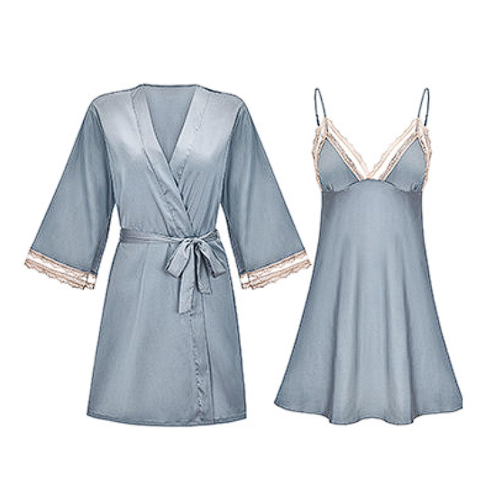 Conjunto de pijama seda helada con cuello en V profundo, 2 piezas bata y camisón, almohadillas sujetador extraíbles for primavera verano