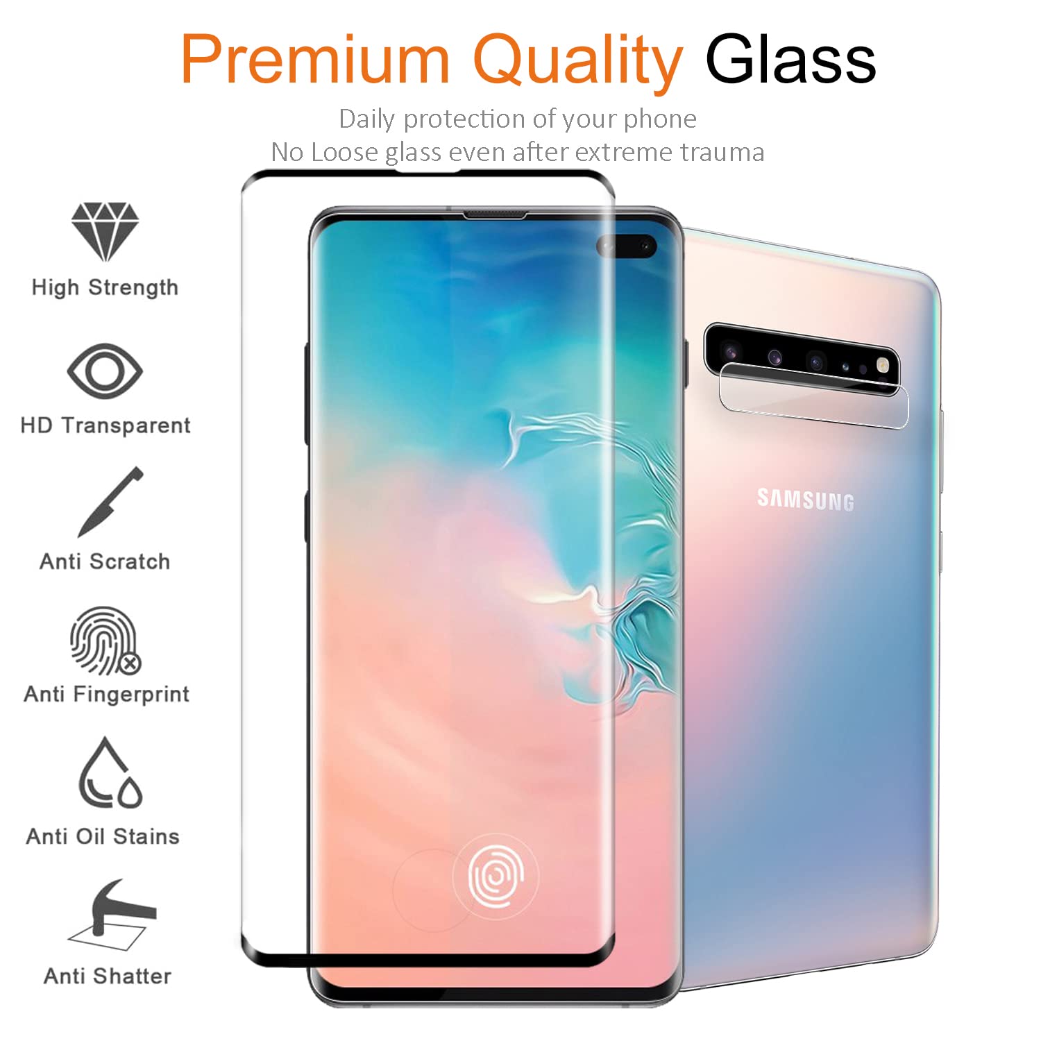Samsung Galaxy S10+ Tempered Glass Screen Protector with Camera Lens Protector [3D Curved] [Compatible Fingerprint unlock] Clear Full Screen Coverage for Samsung S10 plus 6.4 inch [2+2 Pack]