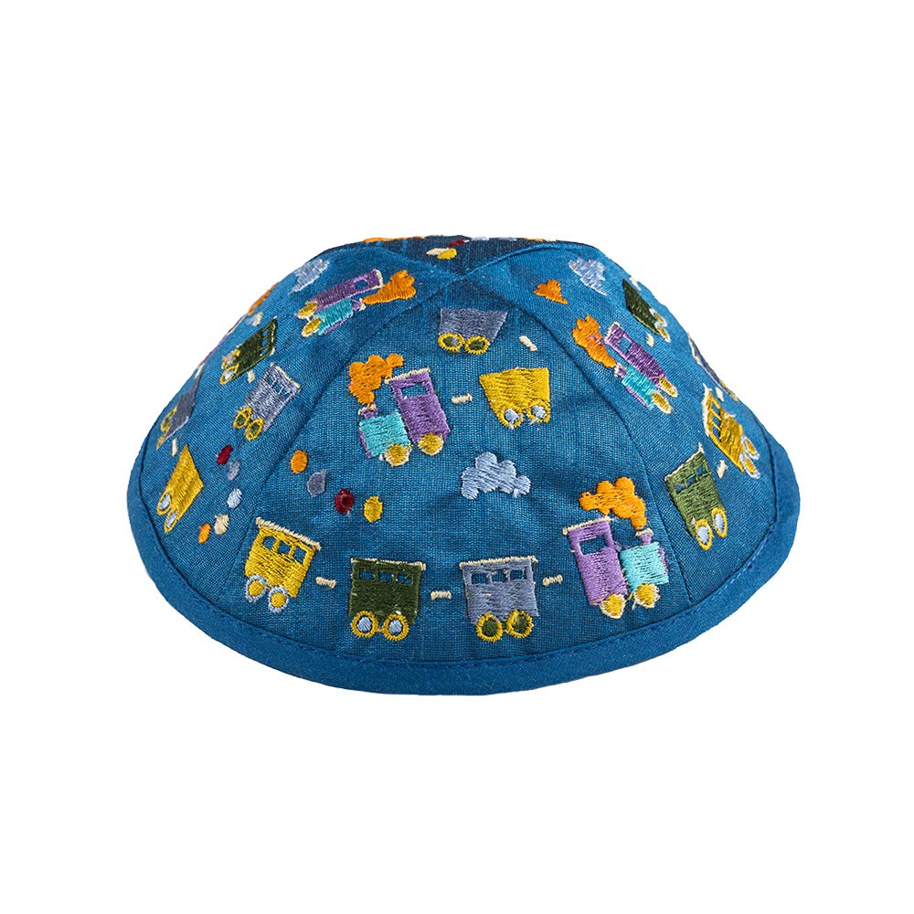 Yair Emanuel Kippah - Embroidered - Children - Trains Blue