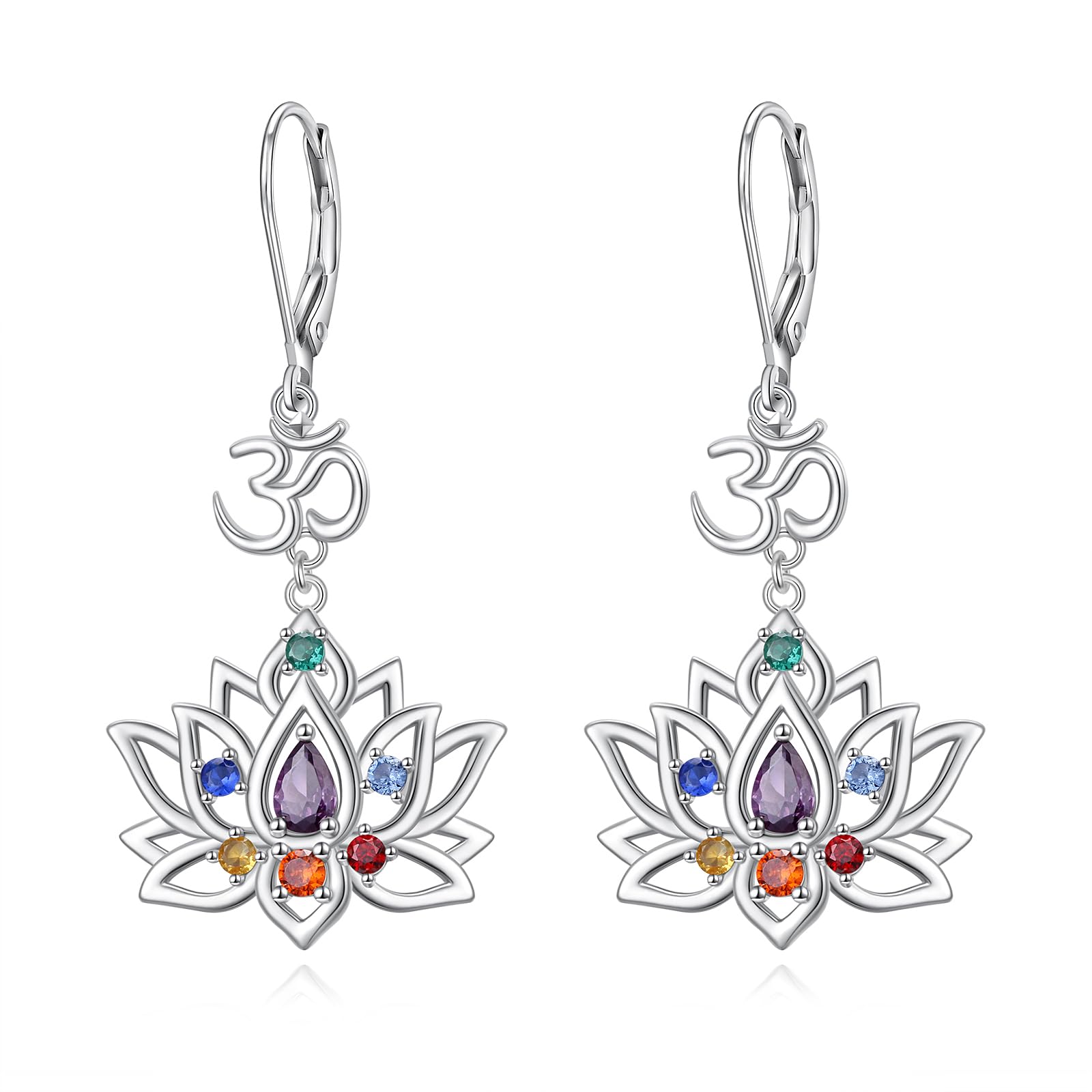 Flyow Lotus Chakra - Set di gioielli in argento Sterling 925 con 7 chakra, orecchini e collana a forma di fiore di loto yoga, regalo da donna, 0,97*0,76 Zoll, Argento sterling, Zirconia cubica