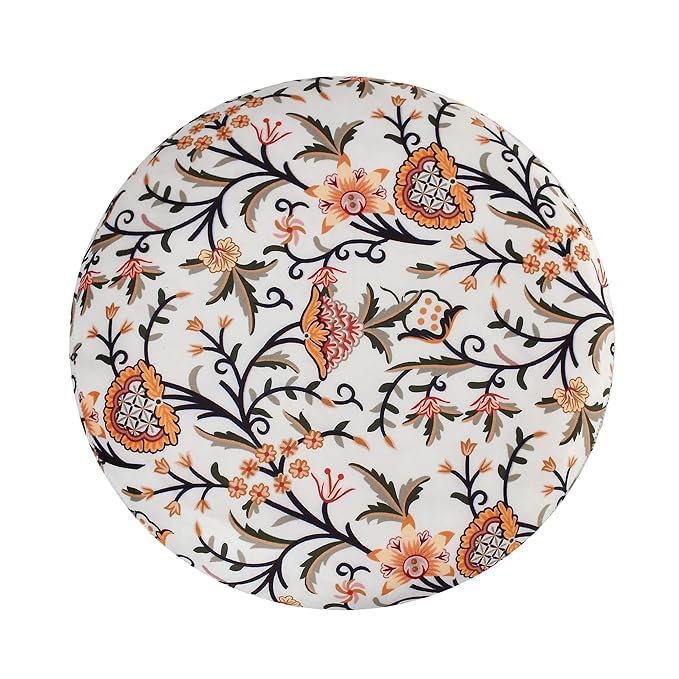 Image of NACIA Stylish Printed Ottoman Stool (16 X 17 Inch) | Soft Cushioned Top for Sitting & Footrest | Pouf Footstool with Puffy Foam & Wooden Legs | Modern Home Decor for Living Room White Leaf