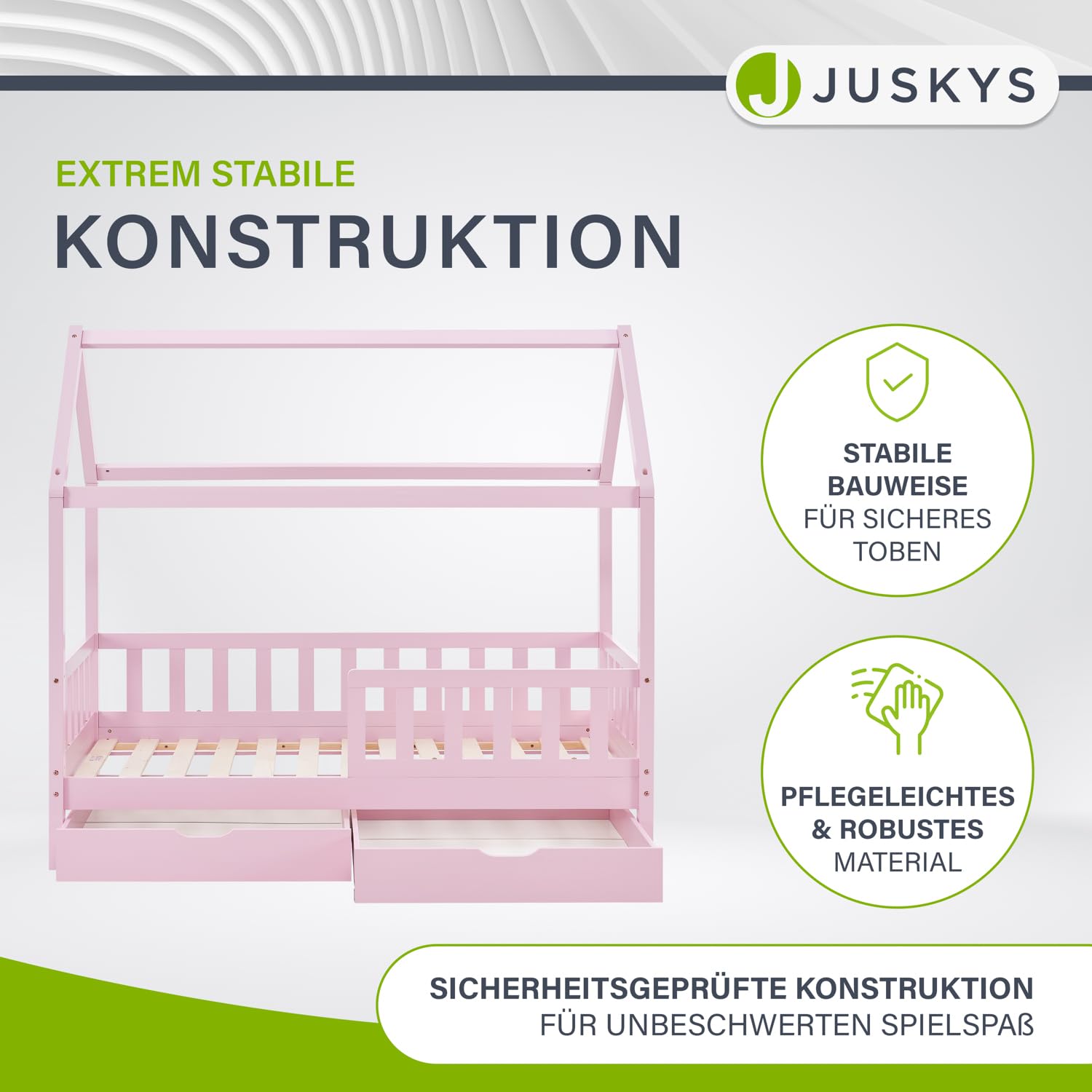 Juskys® Kinderbett Marli 80 x 160 cm mit Bettkasten 2-teilig, Rausfallschutz, Lattenrost & Dach - Massivholz Hausbett für Kinder - Bett in Rosa