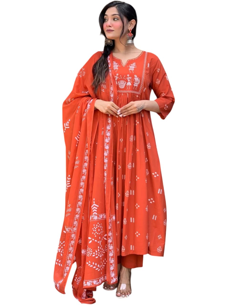 Women's Contton Floral Embroidered Round Neck Regular Kurti Pant Dupatta Set-picture-44