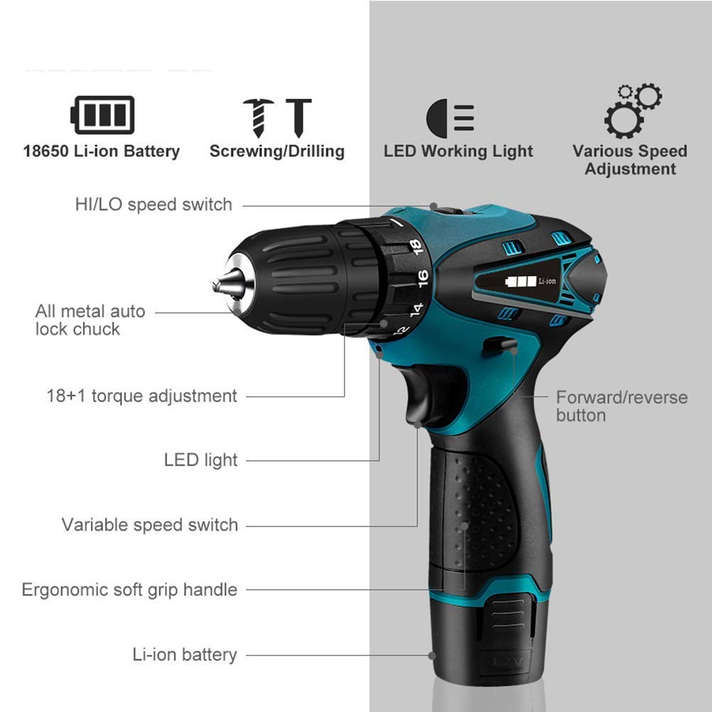 Trapano Elettrico Senza spazzole 12V Avvitatore a Batteria, 25 Accessori, con Coppia di serraggio 18 + 1, Impugnatura Regolabile in 2 Posizioni, Coppia Massima 35 NM