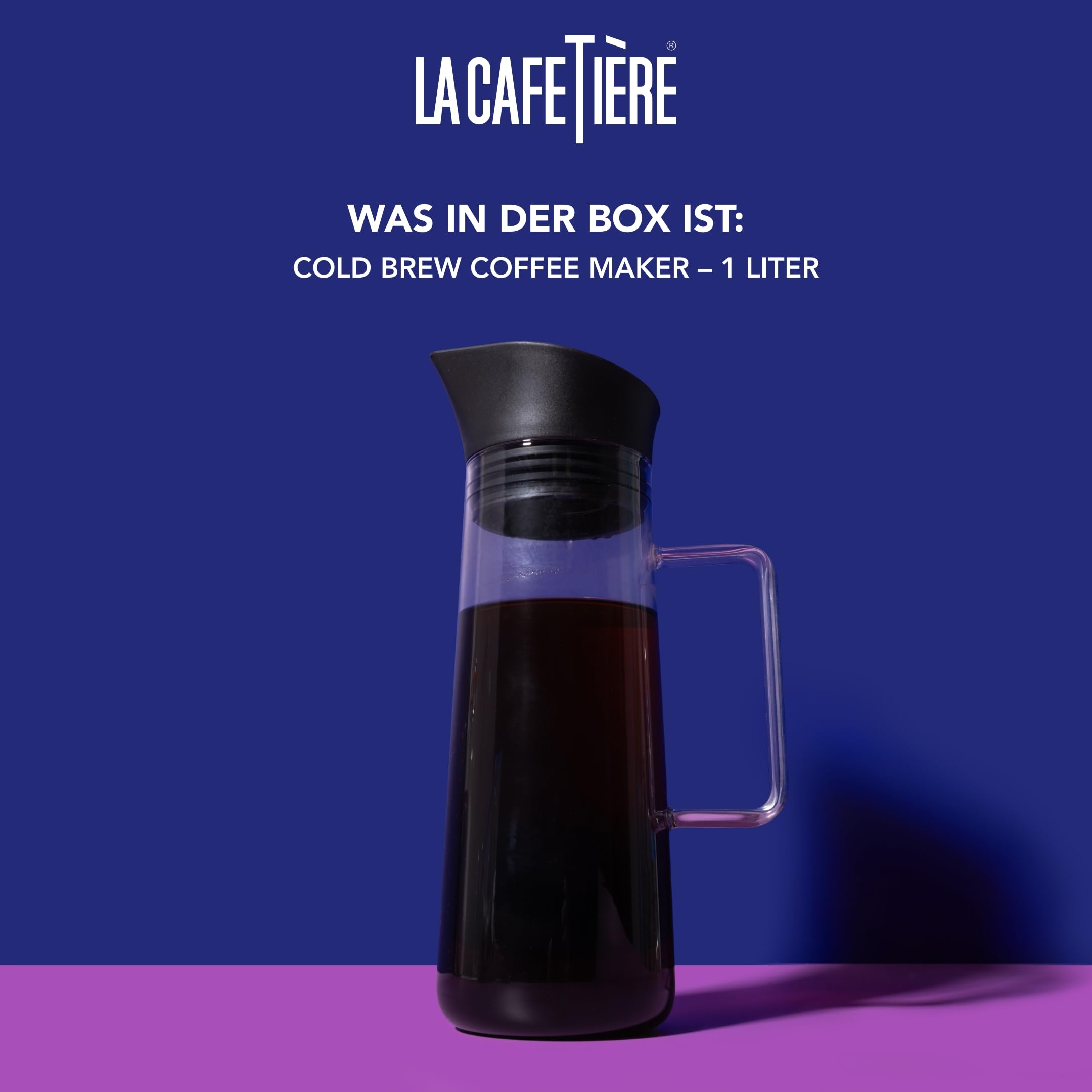 La Cafetière Kaffeebereiter zum Kaltbrühen, mit Netzfilter, spülmaschinenfest, Krugdeckel mit Ausgießer, Getränkebehälter für hochwertigen Eiskaffee, Eistee, hausgemachte Fruchtgetränke, 1 l