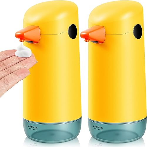 Dispensador automático de jabón de pato amarillo de 2 piezas, espumoso, sin contacto, funciona con pilas para baño y cocina