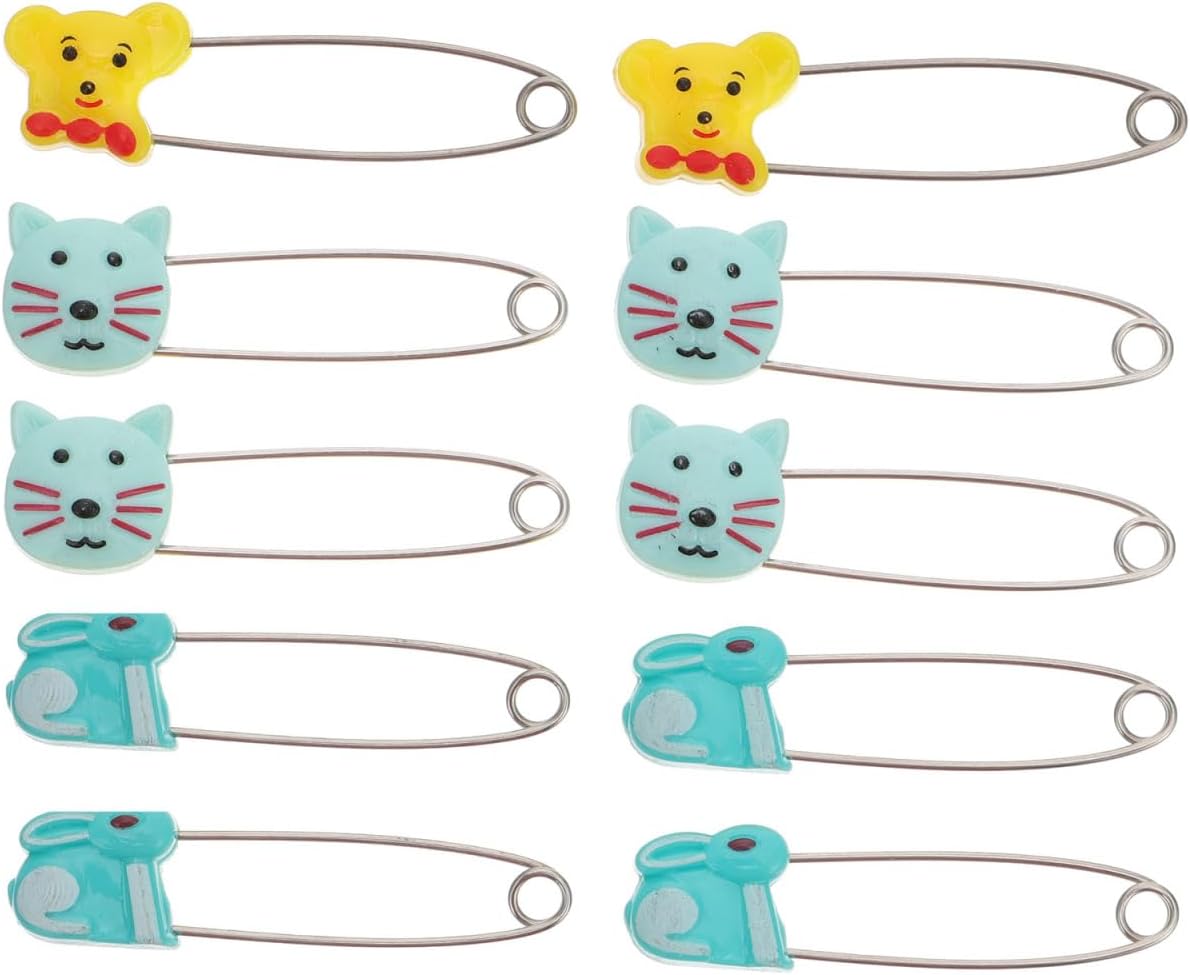 PATKAW Cartoon Baby Safety Diaper Pins with Locking Clasp Cute Brooch Pin for Cloth Diapers and Baby Clothes Fastening Small U-Shaped 2-Inch Pins 10-Pack