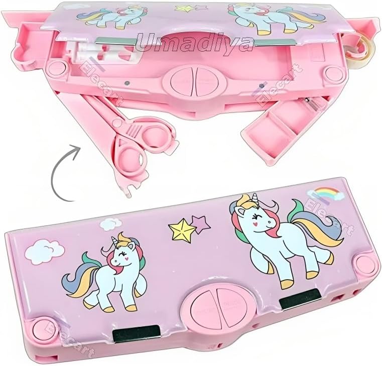 Umadiya Plastic Branded Unicorn Theme Magnetic Pencil Box For Kids, Space Pencil Box For Boys & Girls, Stationery Box, Buttons Operated Pencil Box For Kids (With Accessories, Multicolor)