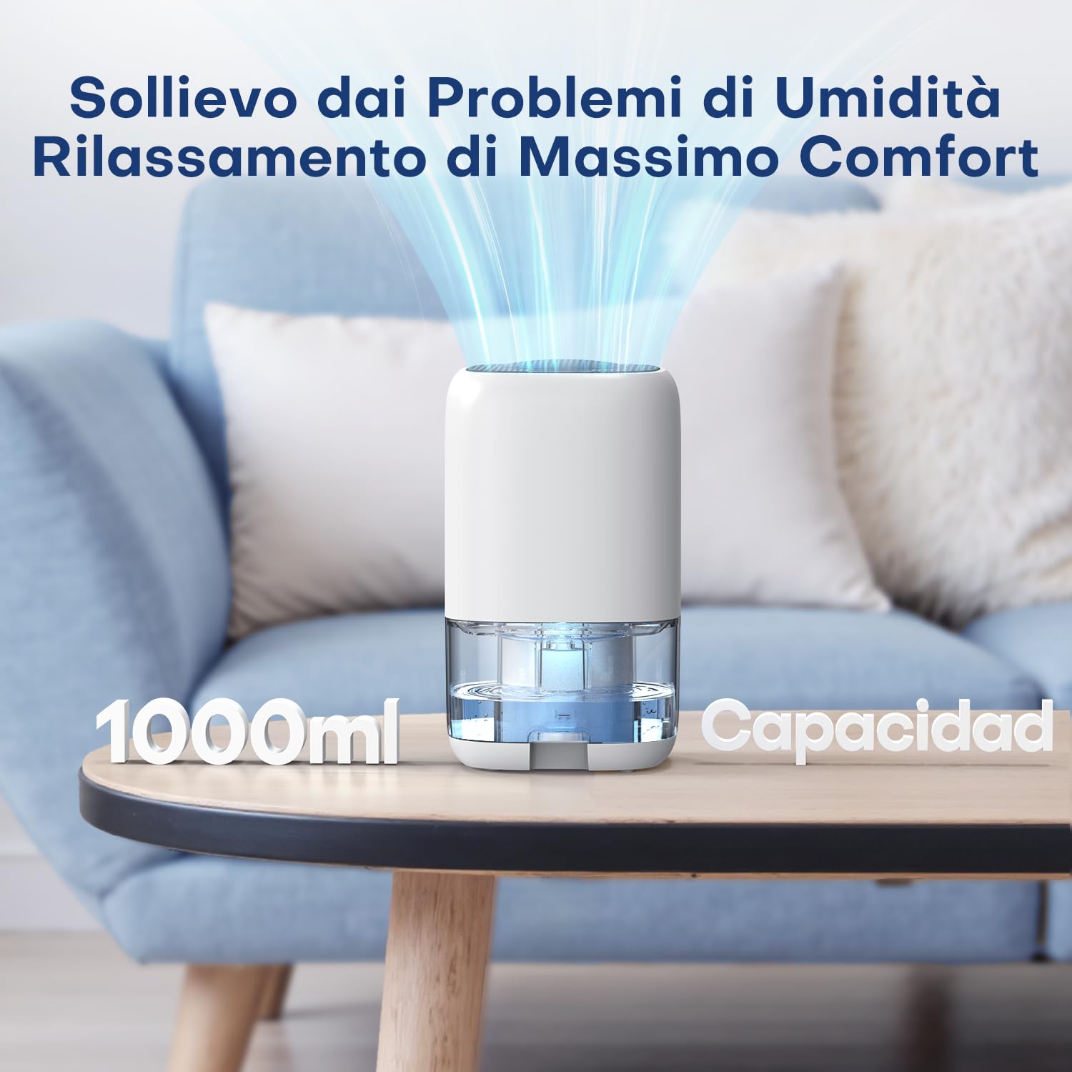 Deumidificatore 1000ML, Deumidificatore Casa Muffa con LED a 7 Colori, Compatto, Silenzioso ed Efficiente per Piccoli Spazi, Ideale per Bagno, Armadio