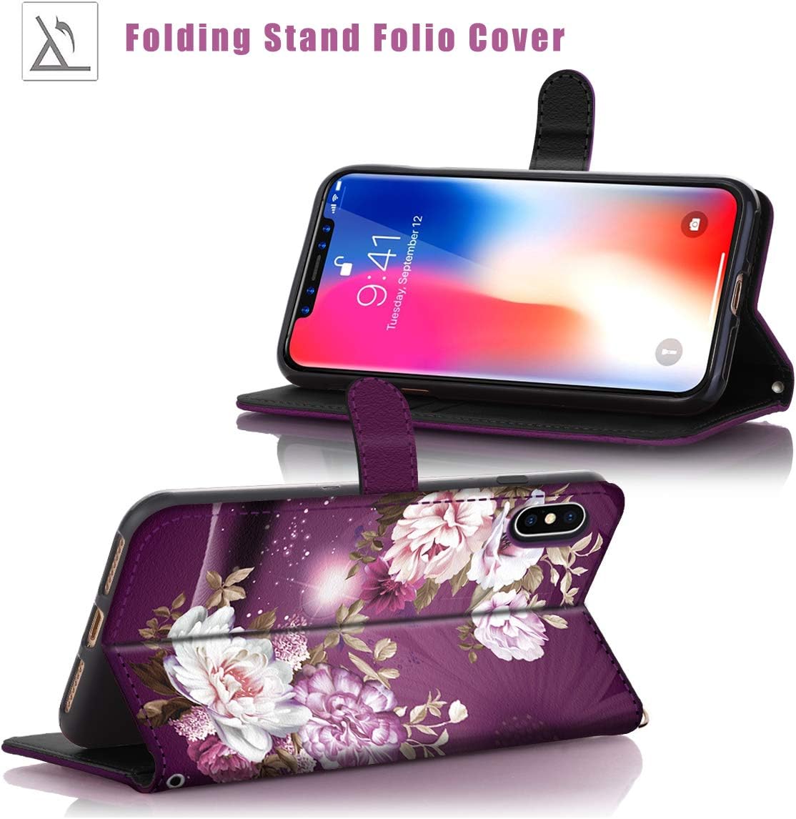 iPhone Xs Max Case, Hocase PU Leather Full Body Protective Wallet Case with Credit Card Holders, Wrist Strap, Magnetic Closure for iPhone Xs Max 2018 with 6.5-inch Display - Burgundy Flowers