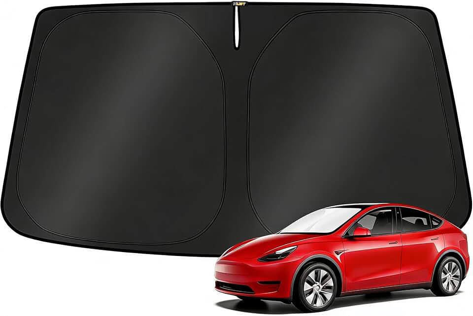 KUST Windshield Sun Shade for 2017-2026 Tesla Model Y/Model 3 Sunshade Accessories (Fit 2025-2026 Model Y Juniper / 2024 Model 3 Highland) Upgraded Foldable Sunshade, Blocks UV Rays Keep Car Cool Global Recycled Standard