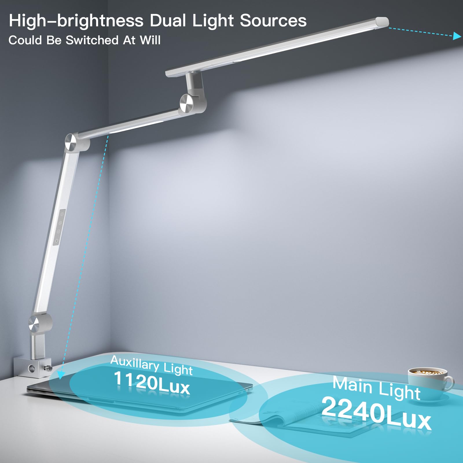 VERSKI Schreibtischlampe LED, Dimmbar 18W Doppelte Lichtquelle Schreibtischlampe für Homeoffice, Klemmbar Augenschutz Tageslichtlampe, 5 Farbtemperaturen und Helligkeit Einstellbare Büro Tischlampe