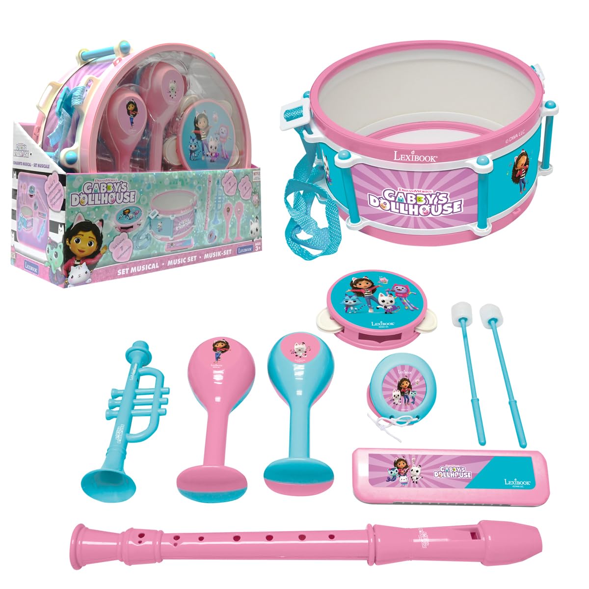 LEXIBOOK, Gabby's Dollhouse, Set of 7 musical instruments (Drum, Maracas, Castanet, Harmonica, Flute, Trumpet, Tambourine), Musical Toy, Handy to carry, Pink/blue, K360GDHLXB