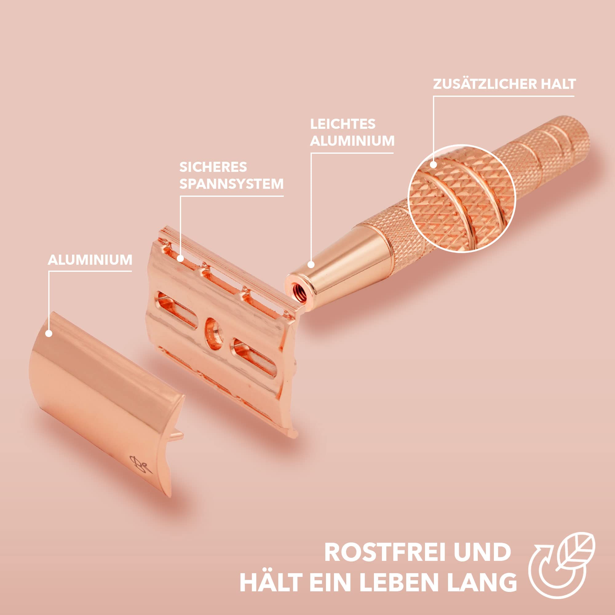 Bamboozy Rasoio di Sicurezza con 20 Lame, Alluminio Oro Rosa - Zero Rifiuti e Senza Plastica - Rasoio a Doppio Filo per Rasatura Bagnata