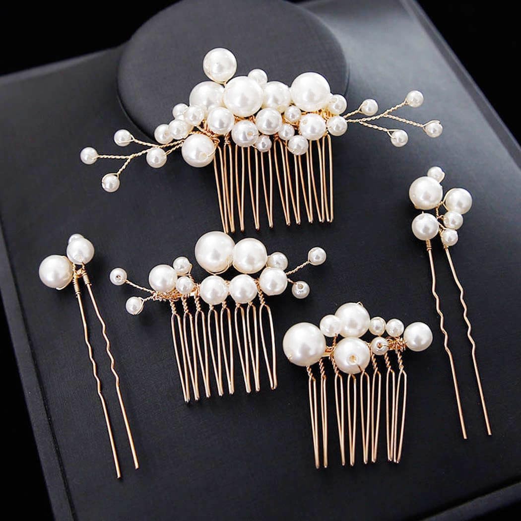 Foyte 5PCS Pearl Hair Comb for Wedding Pearls Hair Clips Bridal Pearl Bobby Pins Set Gold Bridesmaid Hair Accessories for Women and Brides