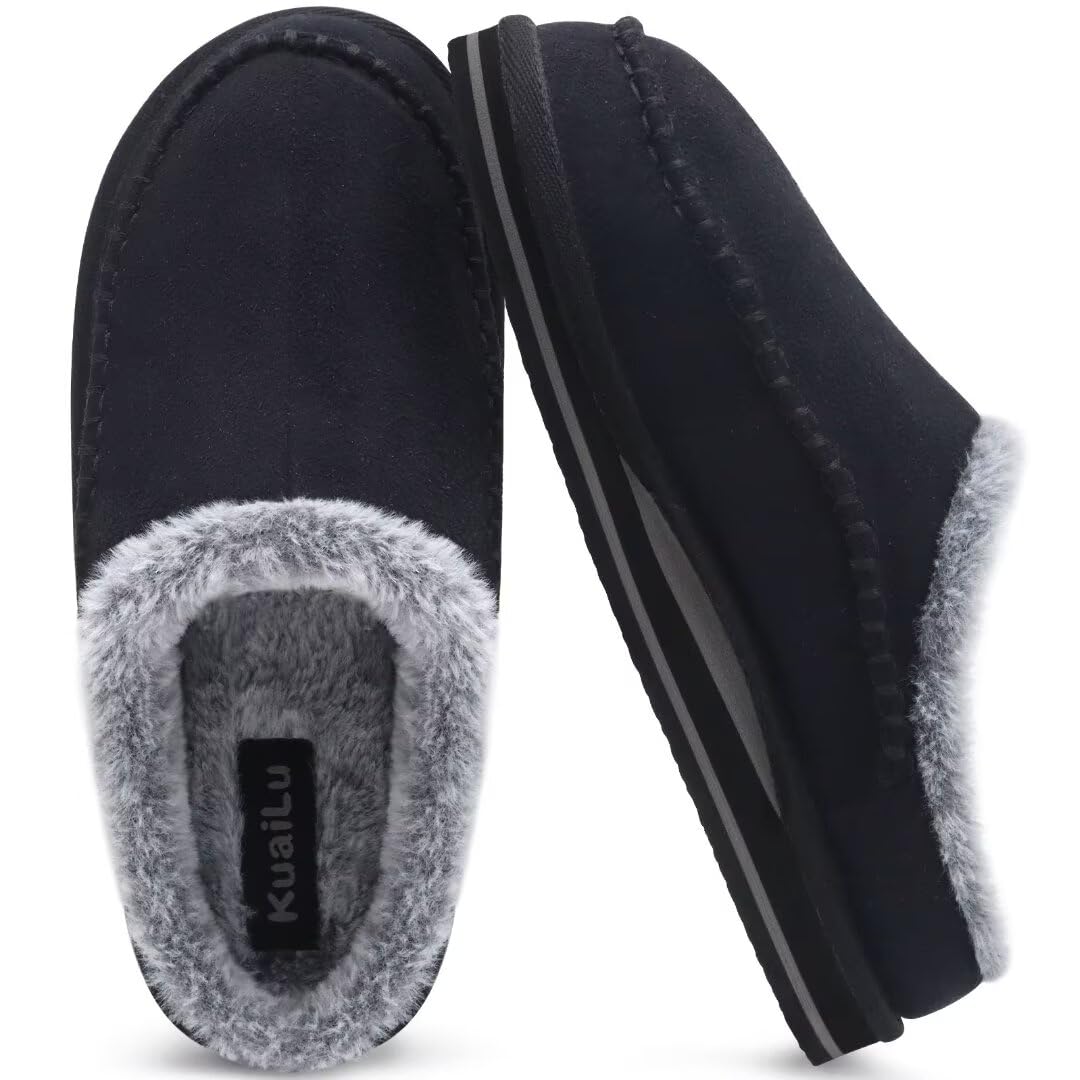 KuaiLu Pantoufles pour support de l'arche hommes Confortable Intérieur Point fait main Microsuède Sabot facile à mettre Maison Chaussures Avec Fausse Fourrure Chaude caoutchouc Extérieur