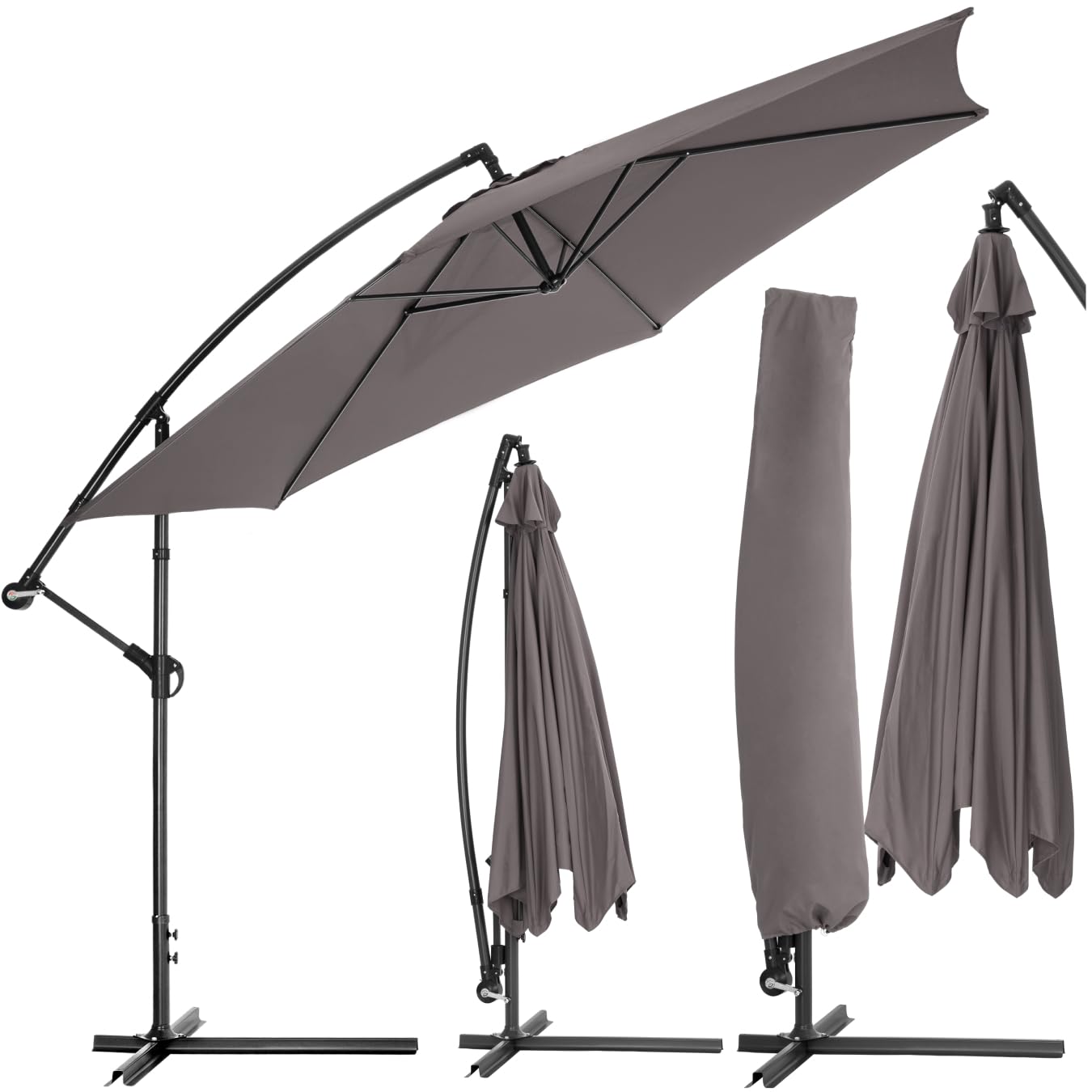 tectake Sonnenschirm mit Ständer, Ø 350 cm, Sonnenschutz für Balkon, Garten und Terrasse inkl. Schutzhülle, Ampelschirm groß mit Kurbel-Seilsystem, Schirm mit stabilem Gestell - grau
