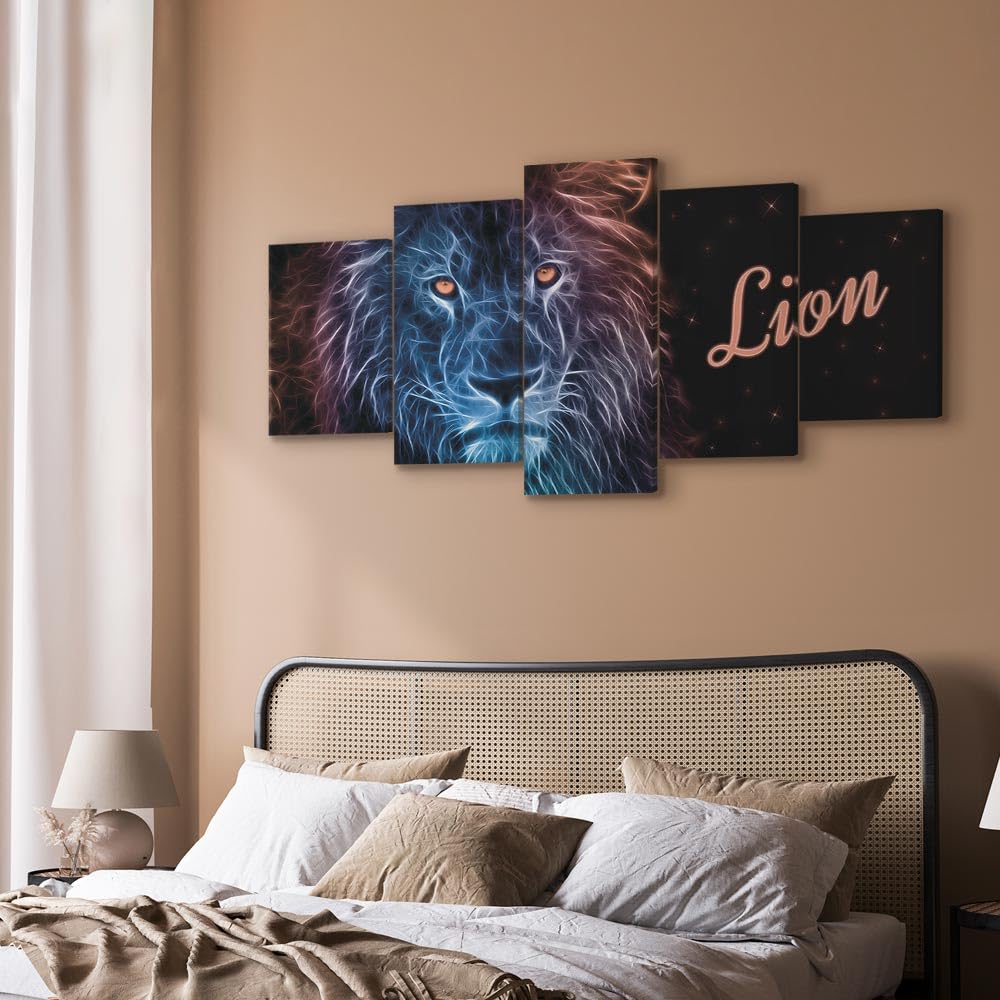 Cuadros B&D XXL - Cuadro en Lienzo Animales 150x75 cm 5 piezas - Impresión en material tejido no tejido cuadros decoracion salon modernos lienzos - Fuego Leon Africa g-A-0094-b-p