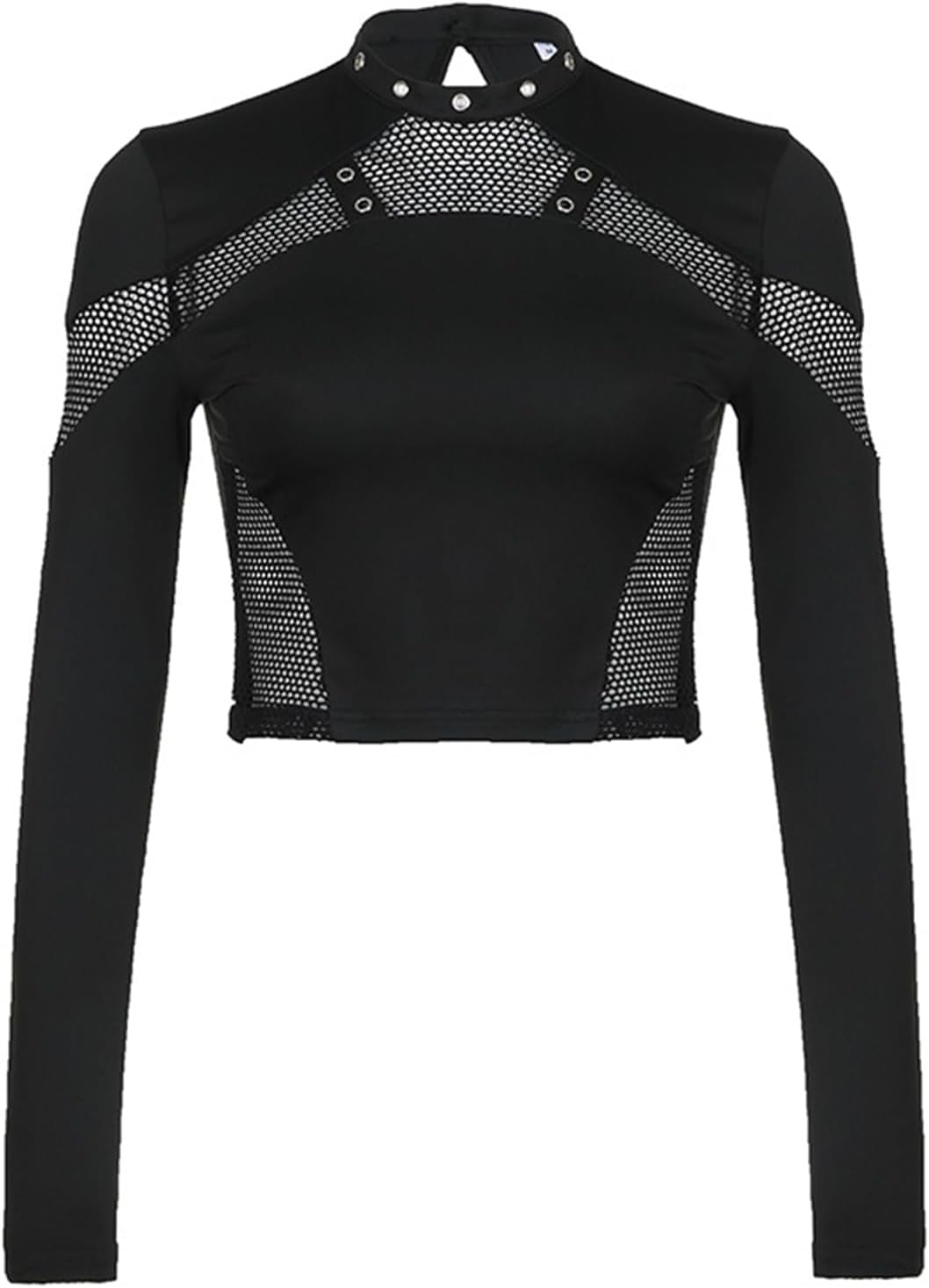 HeiBai Xiong Goth Crop T Shirt Women Long Sleeve Punk Fishnet Emo Rave Y2k Black